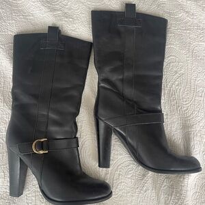 Ralph Lauren Black Heeled Boots with Gold Buckle
